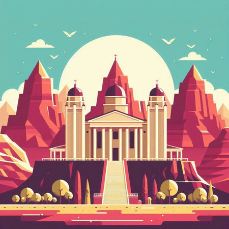 Egyptian temple on the background of mountains. Vector illustration in flat styleのイラスト素材