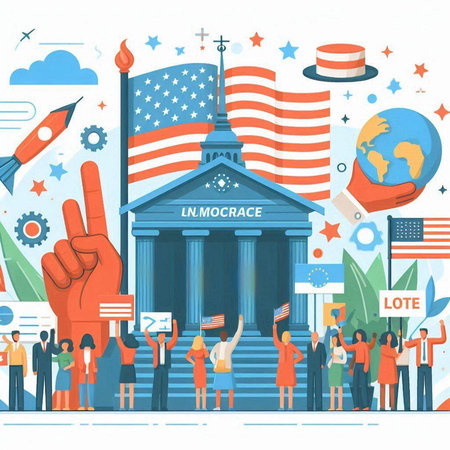 Vector illustration of crowd of people with flags and symbols of United States of America.のイラスト素材