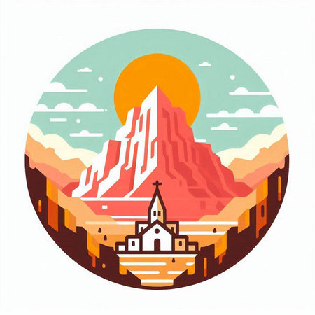 Vector illustration of a mountain landscape with a church in the center.のイラスト素材