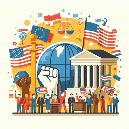 Flat design concept of United States government and political relations. Vector illustrationのイラスト素材