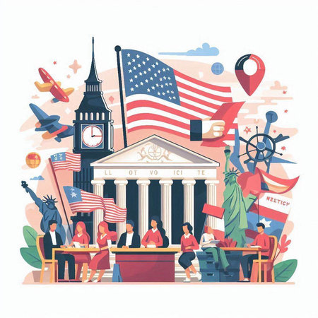 Vector illustration of people sitting at the table with American symbols. Flat styleのイラスト素材