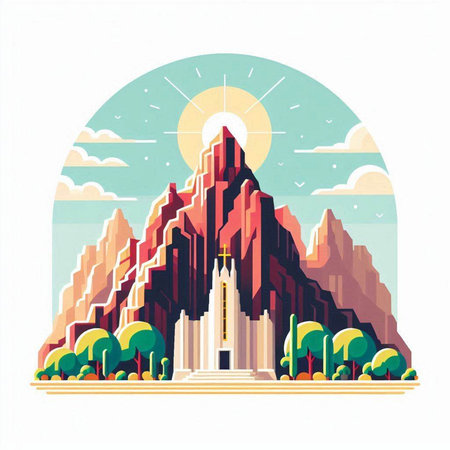 Landscape with a view of the city and the sun. Vector illustrationのイラスト素材