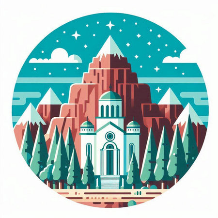 Mountain landscape with a church in the center. Vector illustration.のイラスト素材