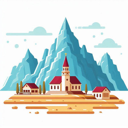 Church on the background of mountains. Vector illustration in flat style.のイラスト素材