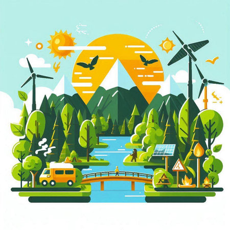 Ecology concept vector illustration. Alternative energy sources, windmills, solar panels, solar panels, wind turbines, solar panels.のイラスト素材