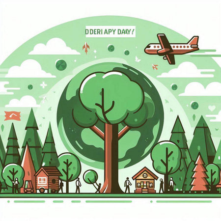 Vector illustration of a green forest with trees, houses and airplane.のイラスト素材
