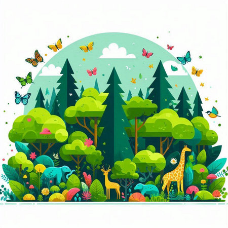 Vector illustration of green forest with giraffe, butterflies and flowers.のイラスト素材