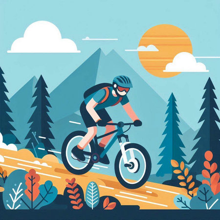 Cyclist riding in the mountains. Flat style vector illustration.のイラスト素材