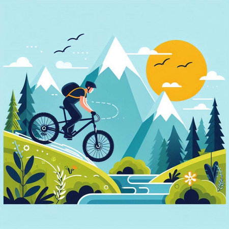 Bicyclist in the mountains. Flat style vector illustration.のイラスト素材