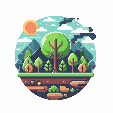 Nature landscape. Flat style vector illustration. Cartoon landscape with trees and bushes.のイラスト素材