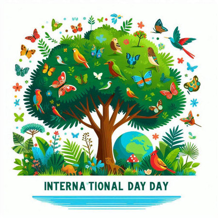 International day of the tree with flying birds and butterflies. Vector illustration.のイラスト素材