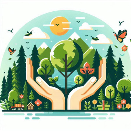 Ecology concept. Green planet in human hands. Vector illustration.のイラスト素材