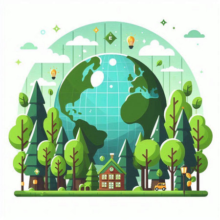 Ecology concept with trees, houses and globe. Vector illustration.のイラスト素材