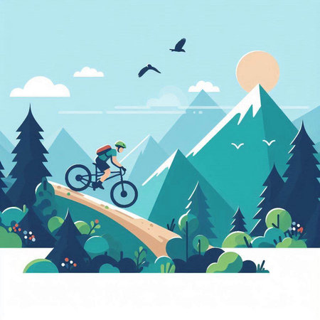 Illustration of mountain biking in the mountains. Flat style vector.のイラスト素材
