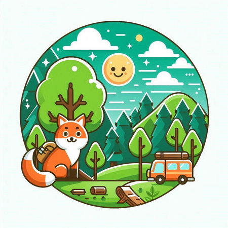 Cute cartoon fox camping in the forest. Vector illustration for your designのイラスト素材