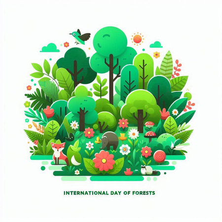 Vector illustration of green forest with flowers, butterflies and plants in round shape.のイラスト素材