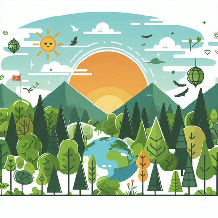 Vector illustration of World Environment Day concept with trees and sun in the backgroundのイラスト素材
