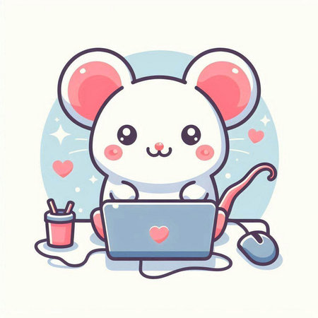 Cute mouse with laptop and cup of coffee. Vector illustration.のイラスト素材