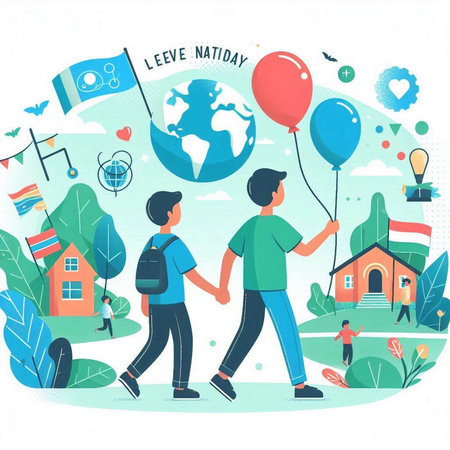 Flat design vector illustration concept of friendship day. Young man and woman holding hands and walking around the world.のイラスト素材