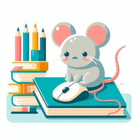 Mouse and books. Cute cartoon mouse and books. Vector illustration.のイラスト素材