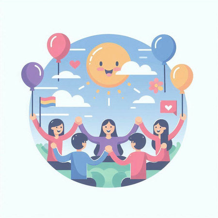 Happy group of people holding balloons. Vector illustration in flat style.のイラスト素材