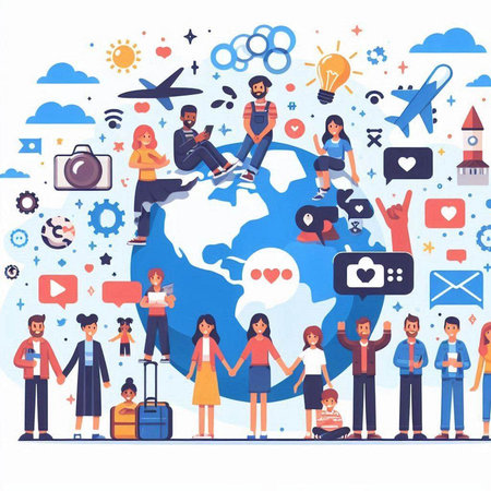 People with social media icons around the world. Flat vector illustration.のイラスト素材