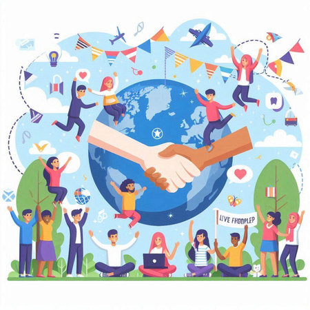 International Day of Older Persons concept. Group of young people holding hands and shaking hands. Vector illustrationのイラスト素材