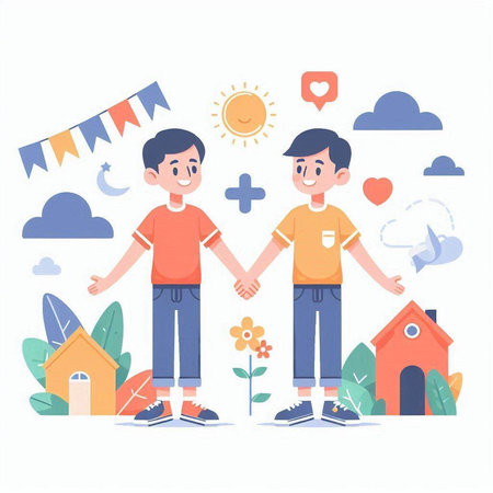 Boy and girl holding hands in front of the house. Flat vector illustration.のイラスト素材
