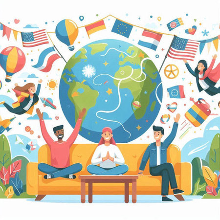 Happy people sitting on sofa and waving flags of different countries. Vector illustrationのイラスト素材
