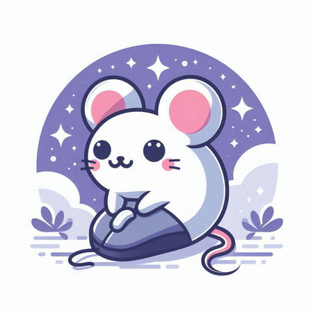 Cute white mouse sitting on a rock. Vector illustration in cartoon style.のイラスト素材
