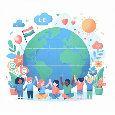 World Environment Day. Group of happy kids standing around the globe. Flat vector illustration.のイラスト素材