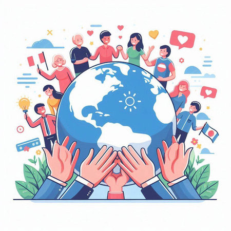 Global communication concept. Vector illustration in flat cartoon style. Group of people around the globe.のイラスト素材