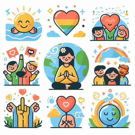 Set of vector flat line icons for social media. Icons of love and peace.のイラスト素材