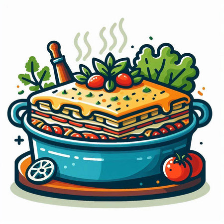 Illustration of lasagna in a saucepan with tomato and basilのイラスト素材