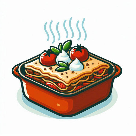 Illustration of a piece of lasagna with tomato sauce and basilのイラスト素材