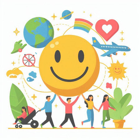 Happy Emoticon Vector Illustration. Happy Emoticon with Children, Kids and Summer Icons Around.のイラスト素材