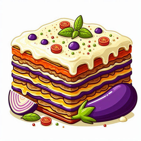 Illustration of a delicious lasagna with eggplant, tomatoes and basilのイラスト素材