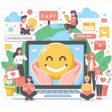 Happy smiley emoji on laptop screen. Concept of online communication and social media.のイラスト素材