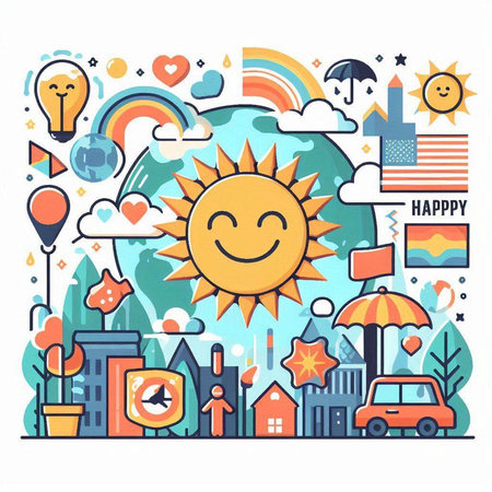 Vector illustration of happy smiling sun in the city. Doodle style.のイラスト素材