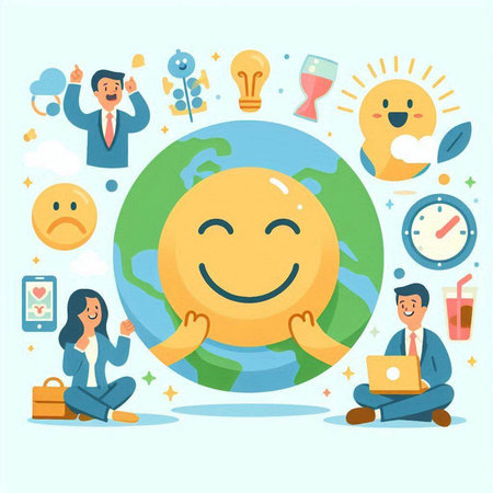 Emoji and business people around the world. Vector illustration.のイラスト素材