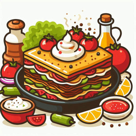 Illustration of a Homemade lasagna with ingredients on a plateのイラスト素材