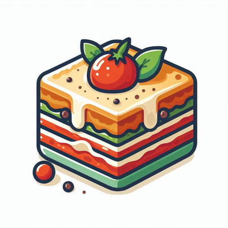 Colorful vector illustration of layered cake with cream and strawberry on topのイラスト素材