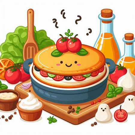 Illustration of a Cute Tomato Pie with Fruits and Vegetablesのイラスト素材