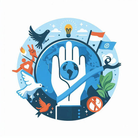 World Peace Day. Vector illustration of a hand with a globe in the center.のイラスト素材