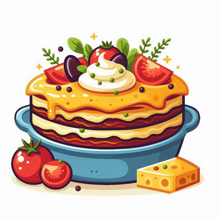 Illustration of a delicious lasagna with tomato, cheese and basilのイラスト素材