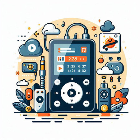 Multimedia player flat vector illustration. Multimedia player, music player, media player, video player, video player, headphones, speaker, microphone, headphones, video player, mobile phone.のイラスト素材