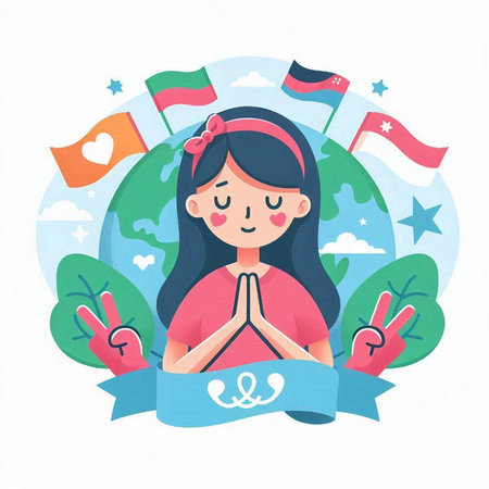 Vector illustration of a girl meditating on the background of the world map.のイラスト素材