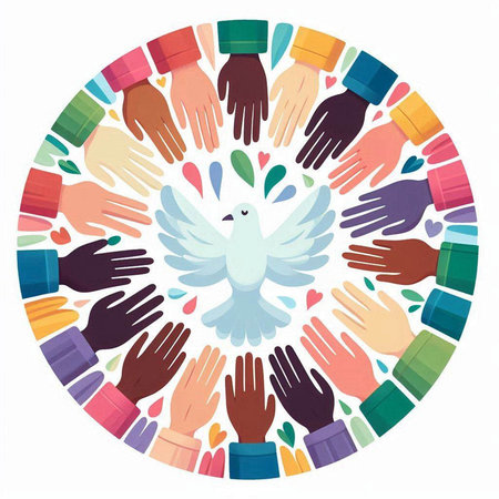 Circle of hands around the dove of peace. Vector illustration.のイラスト素材