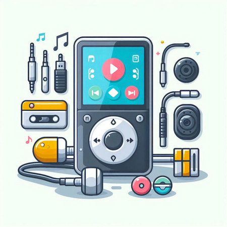 Multimedia player with headphones. Music player in flat style vector illustrationのイラスト素材