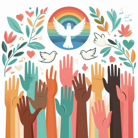 Vector illustration of hands with symbols of peace, love and hope.のイラスト素材